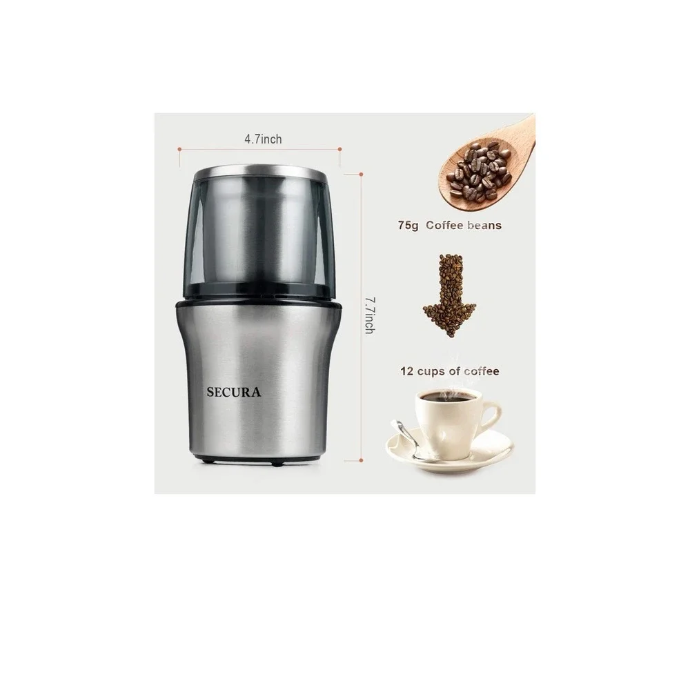 Secura Electric Coffee Grinder and Spice Grinder with 2 Stainless Steel Blade...